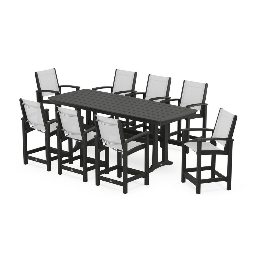 POLYWOOD Coastal 9-Piece Counter Set with Trestle Legs in Black / White Sling