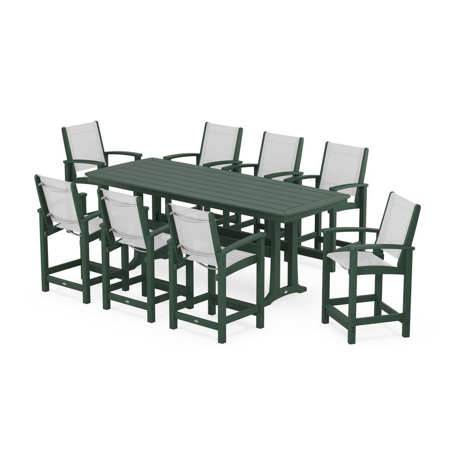 POLYWOOD Coastal 9-Piece Counter Set with Trestle Legs in Green / White Sling