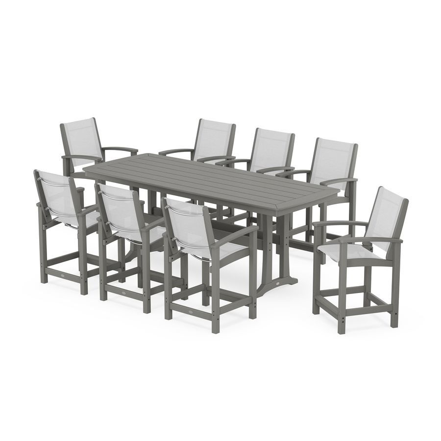 POLYWOOD Coastal 9-Piece Counter Set with Trestle Legs in Slate Grey / White Sling
