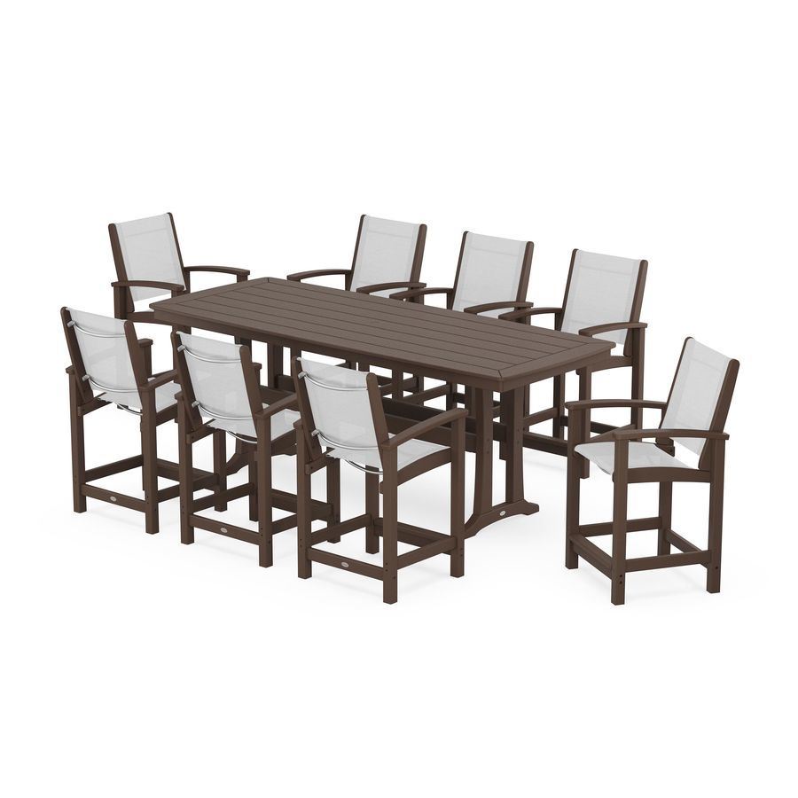 POLYWOOD Coastal 9-Piece Counter Set with Trestle Legs in Mahogany / White Sling