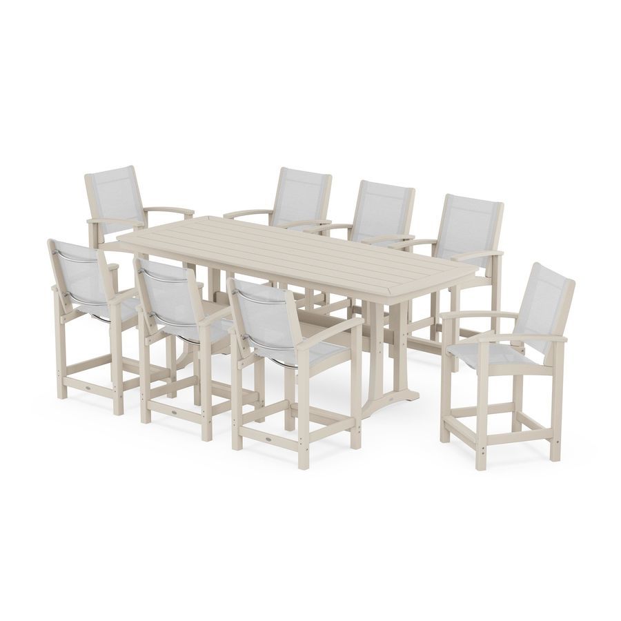 POLYWOOD Coastal 9-Piece Counter Set with Trestle Legs in Sand / White Sling