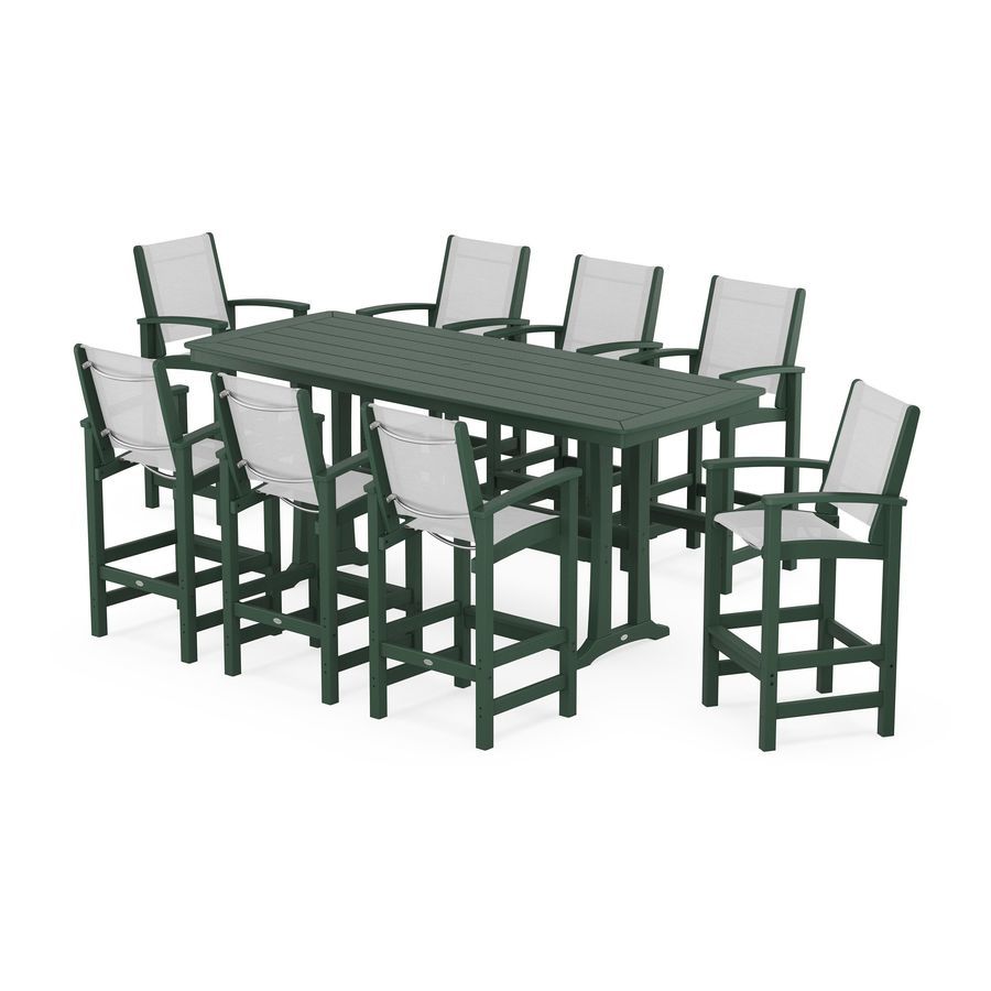 POLYWOOD Coastal 9-Piece Bar Set with Trestle Legs in Green / White Sling