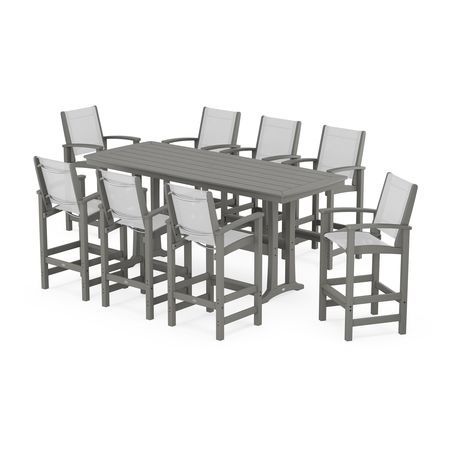 POLYWOOD Coastal 9-Piece Bar Set with Trestle Legs in Slate Grey / White Sling