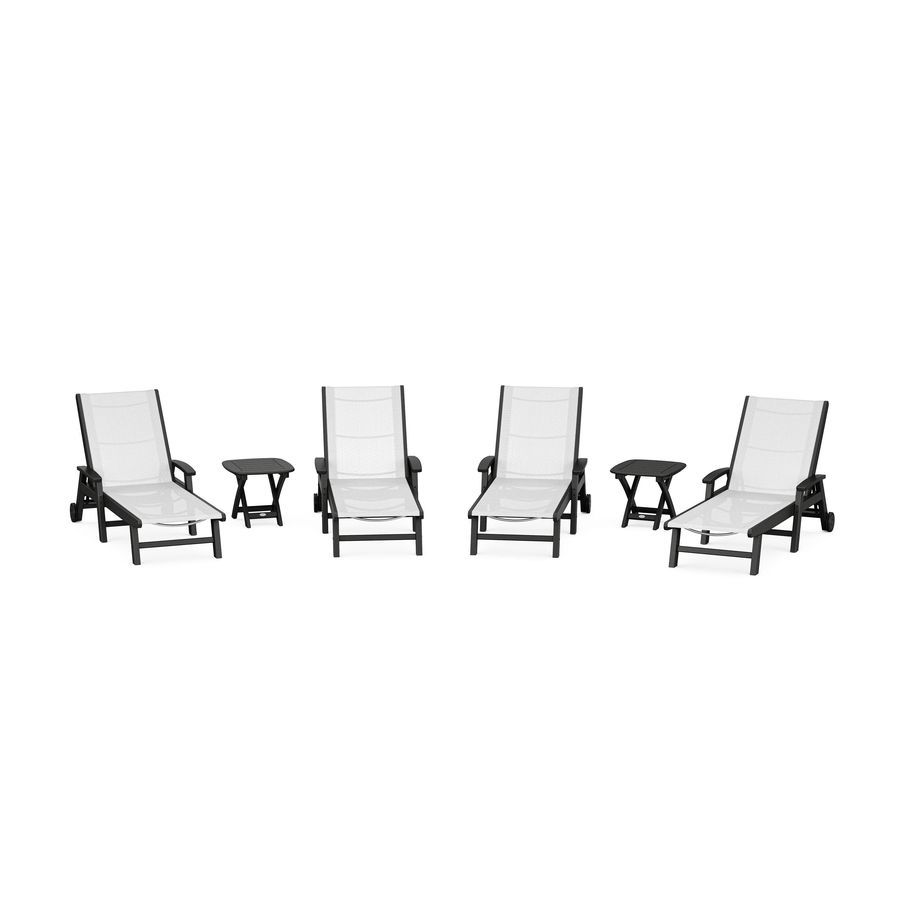 POLYWOOD Coastal Chaise 6-Piece Set with Wheels in Black / White Sling