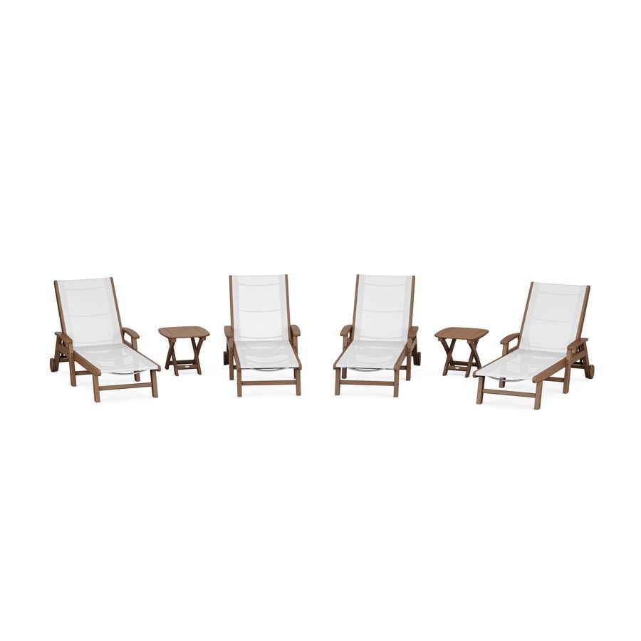 POLYWOOD Coastal Chaise 6-Piece Set with Wheels in Teak / White Sling