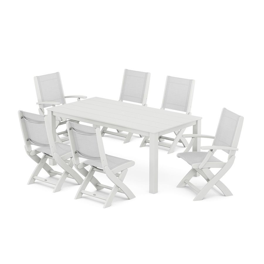 POLYWOOD Coastal Folding Chair 7-Piece Parsons Dining Set in White / White Sling