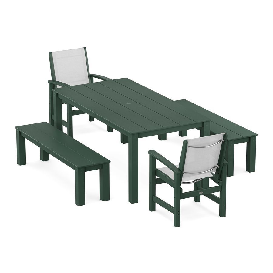 POLYWOOD Coastal 5-Piece Parsons Dining Set with Benches in Green / White Sling