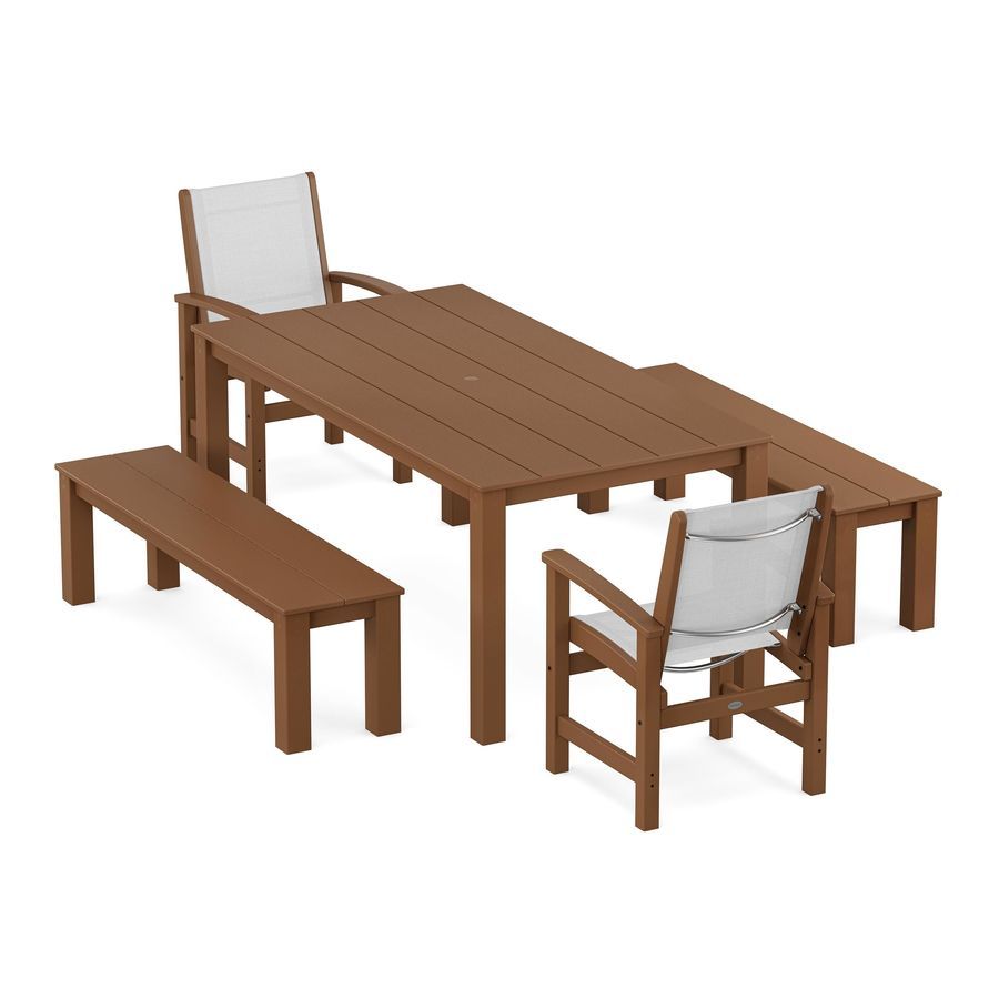 POLYWOOD Coastal 5-Piece Parsons Dining Set with Benches in Teak / White Sling