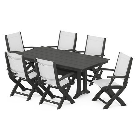 Coastal 7-Piece Folding Chair Dining Set in Black / White Sling