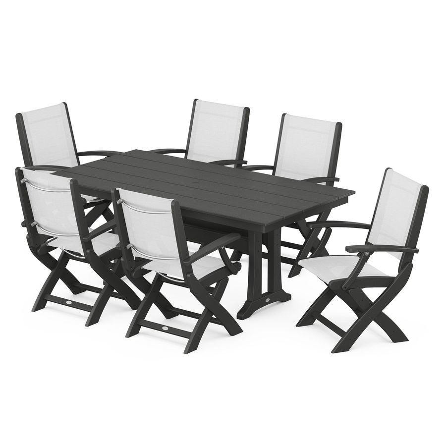 POLYWOOD Coastal Folding Arm Chair 7-Piece Farmhouse Dining Set with Trestle Legs in Black / White Sling
