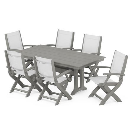 Coastal 7-Piece Folding Chair Dining Set in Slate Grey / White Sling