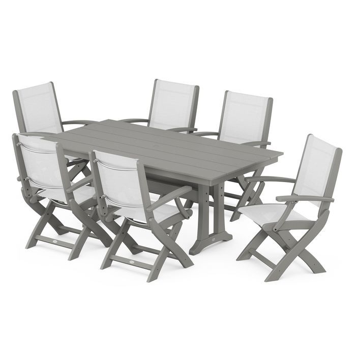 POLYWOOD Coastal Folding Arm Chair 7-Piece Farmhouse Dining Set with Trestle Legs