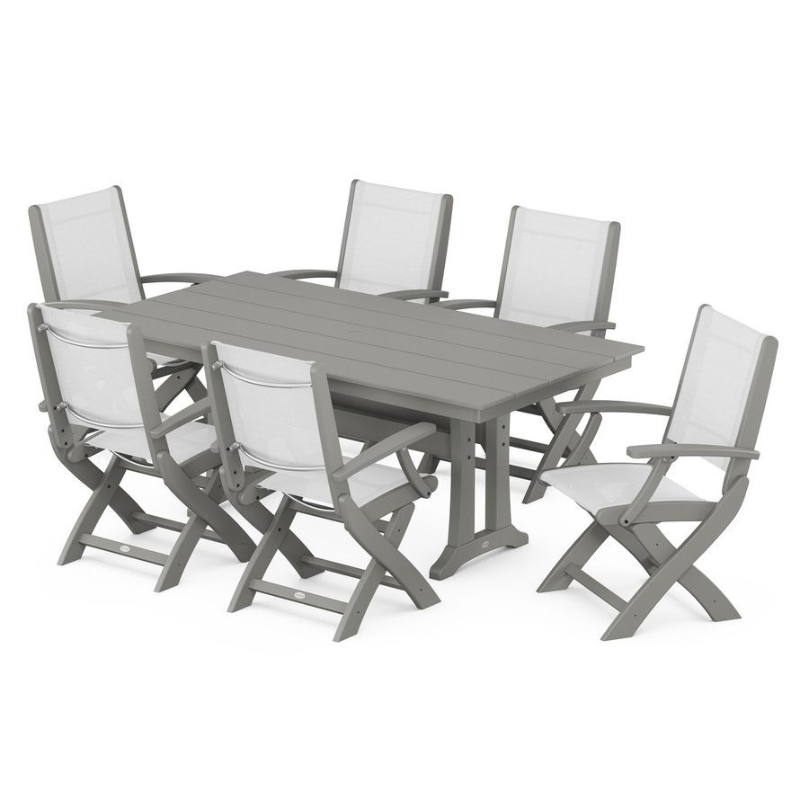POLYWOOD Coastal Folding Arm Chair 7-Piece Farmhouse Dining Set with Trestle Legs in Slate Grey / White Sling