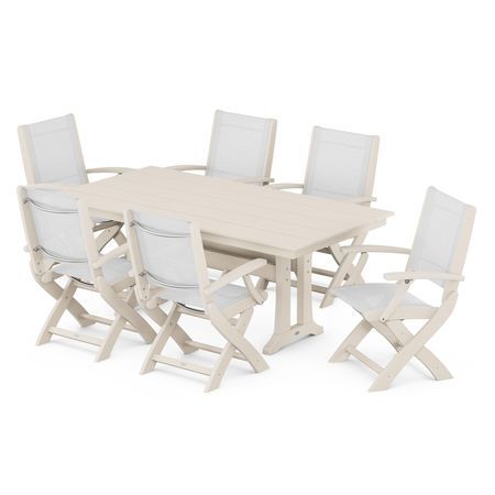 Coastal 7-Piece Folding Chair Dining Set in Sand / White Sling