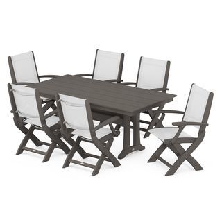 POLYWOOD Coastal Folding Chair 7-Piece Dining Set with Trestle Legs in Vintage Finish