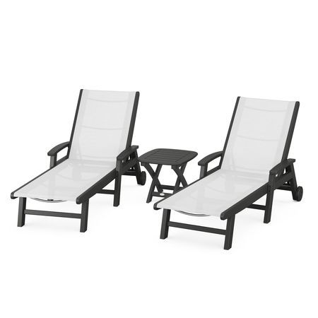 Coastal 3-Piece Wheeled Chaise Set in Black / White Sling