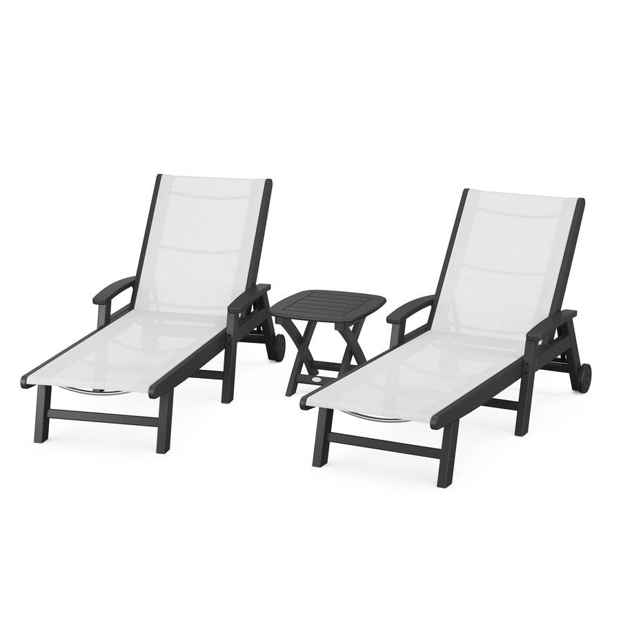 POLYWOOD Coastal 3-Piece Wheeled Chaise Set in Black / White Sling