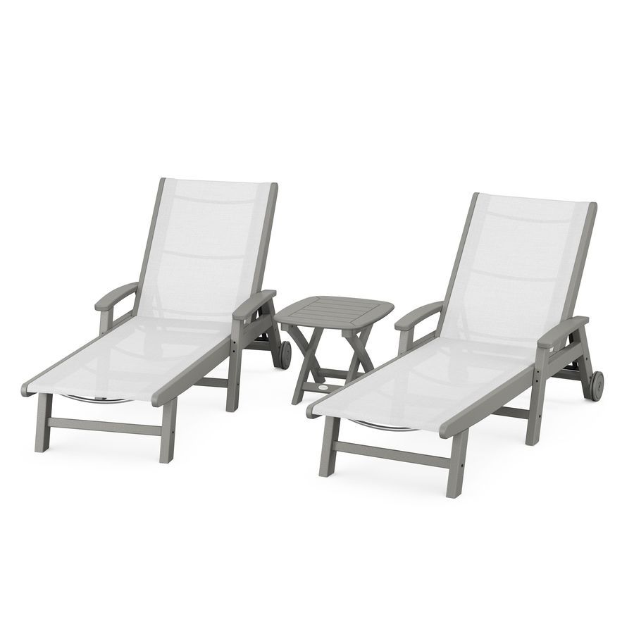 POLYWOOD Coastal 3-Piece Wheeled Chaise Set in Slate Grey / White Sling