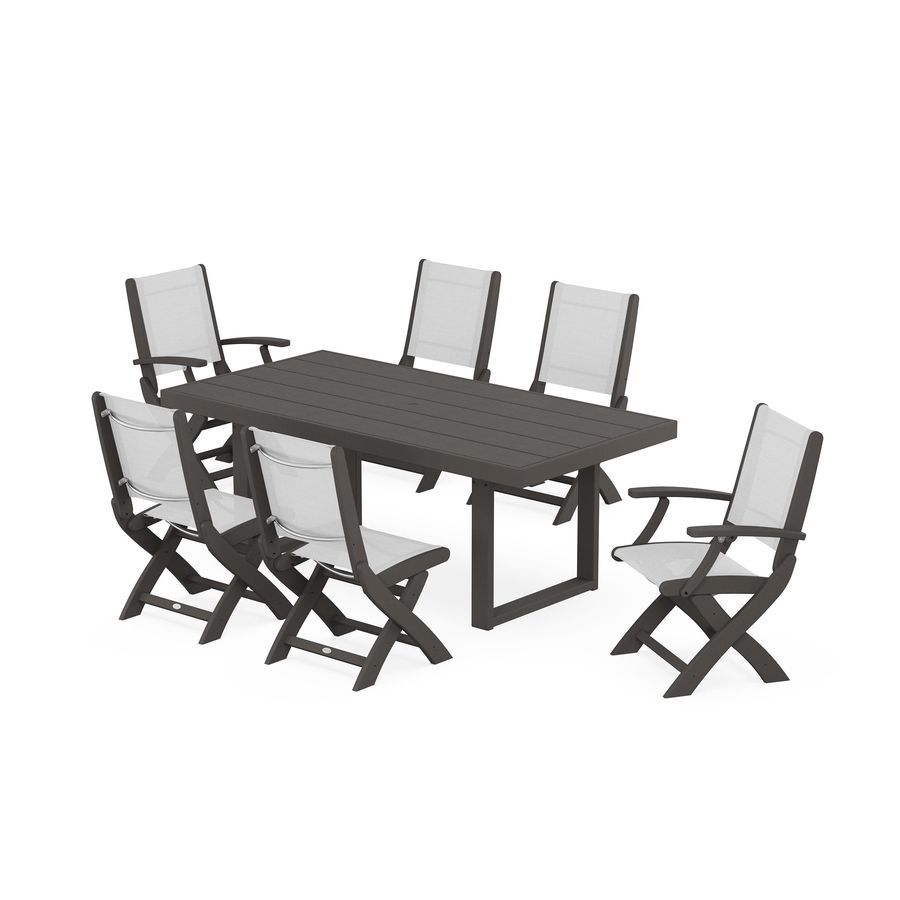 POLYWOOD Coastal Folding Chair 7-Piece Dining Set with Trestle Legs in Vintage Finish