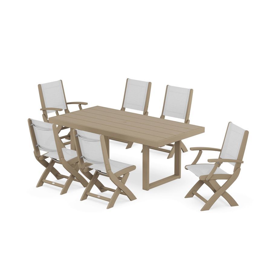 POLYWOOD Coastal Folding Chair 7-Piece Dining Set with Trestle Legs in Vintage Sahara / White Sling