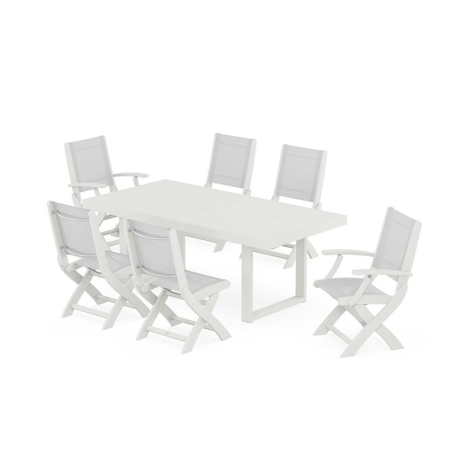 POLYWOOD Coastal Folding Chair 7-Piece Dining Set with Trestle Legs in Vintage White / White Sling