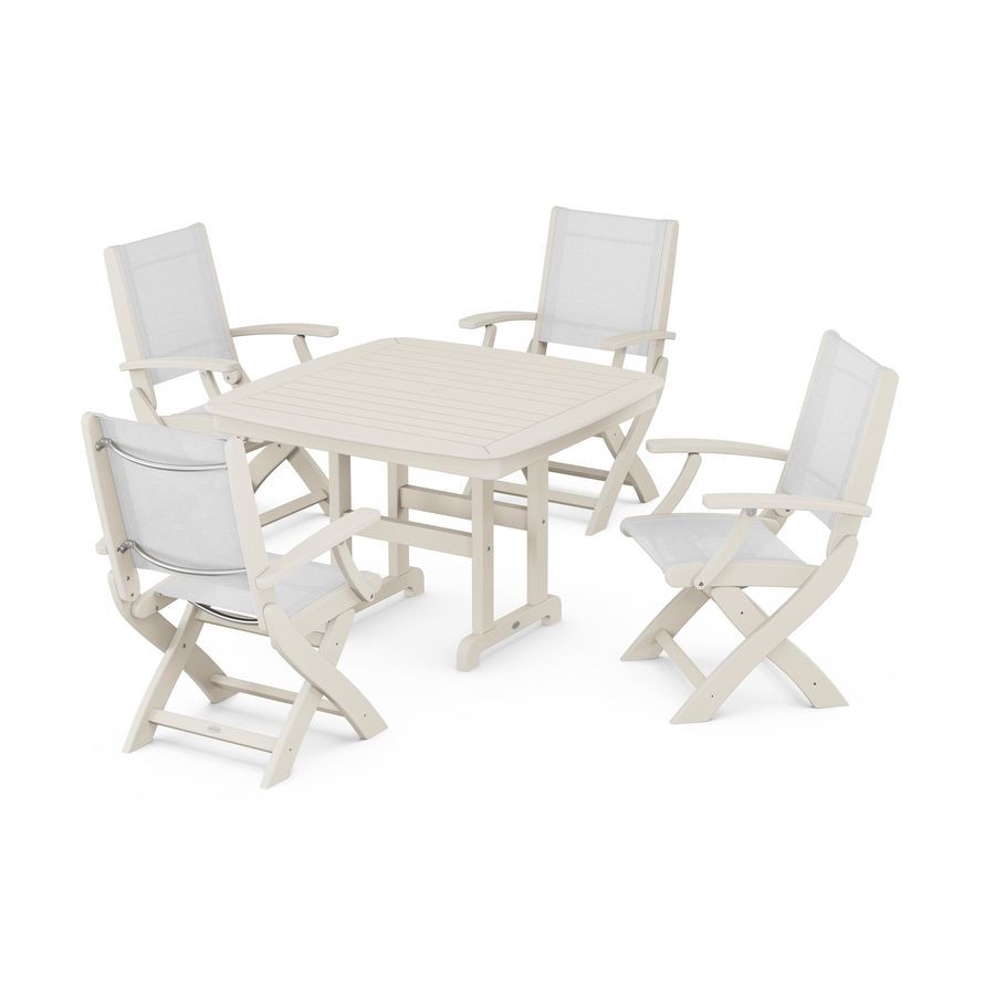 POLYWOOD Coastal Folding Chair 5-Piece Dining Set in Sand / White Sling