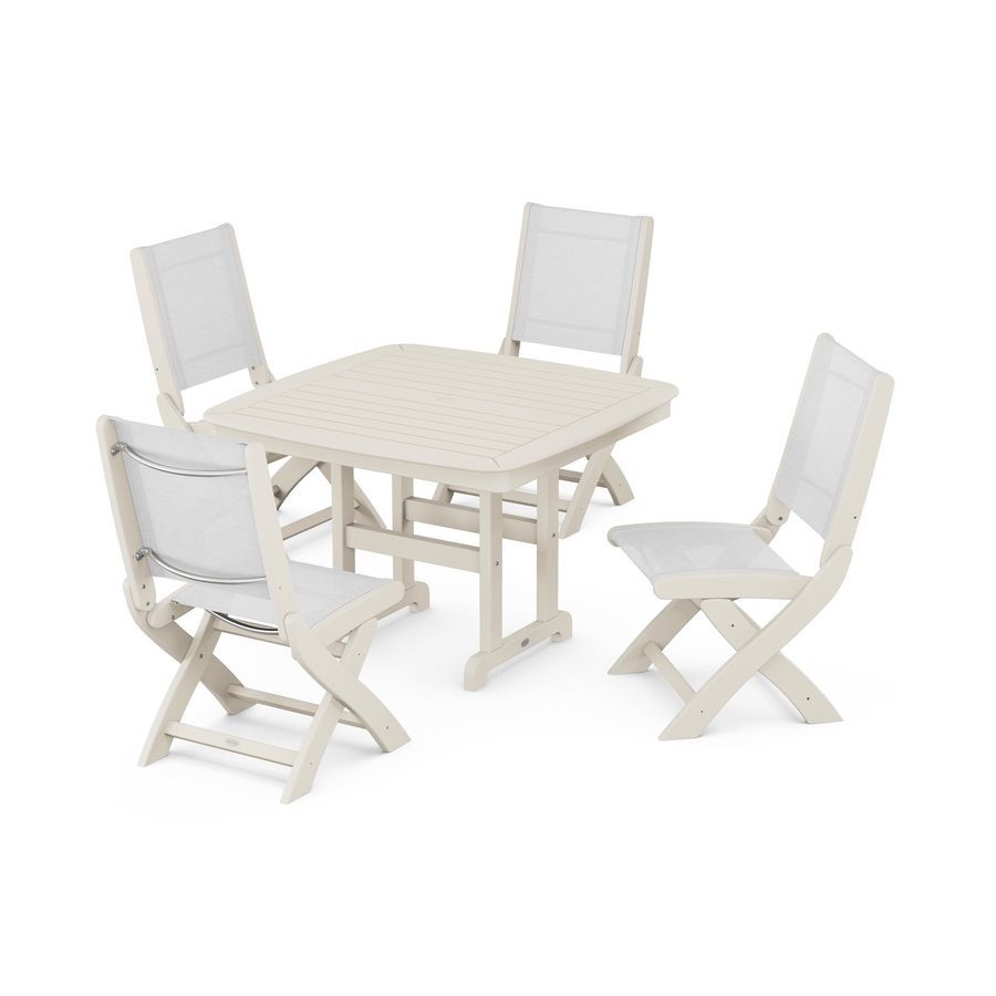 POLYWOOD Coastal Folding Side Chair 5-Piece Dining Set in Sand / White Sling