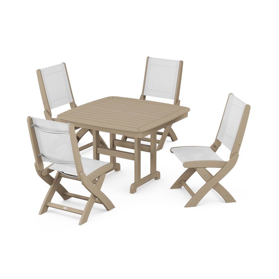 POLYWOOD Coastal Side Chair 5-Piece Dining Set with Trestle Legs in Vintage Sahara / White Sling