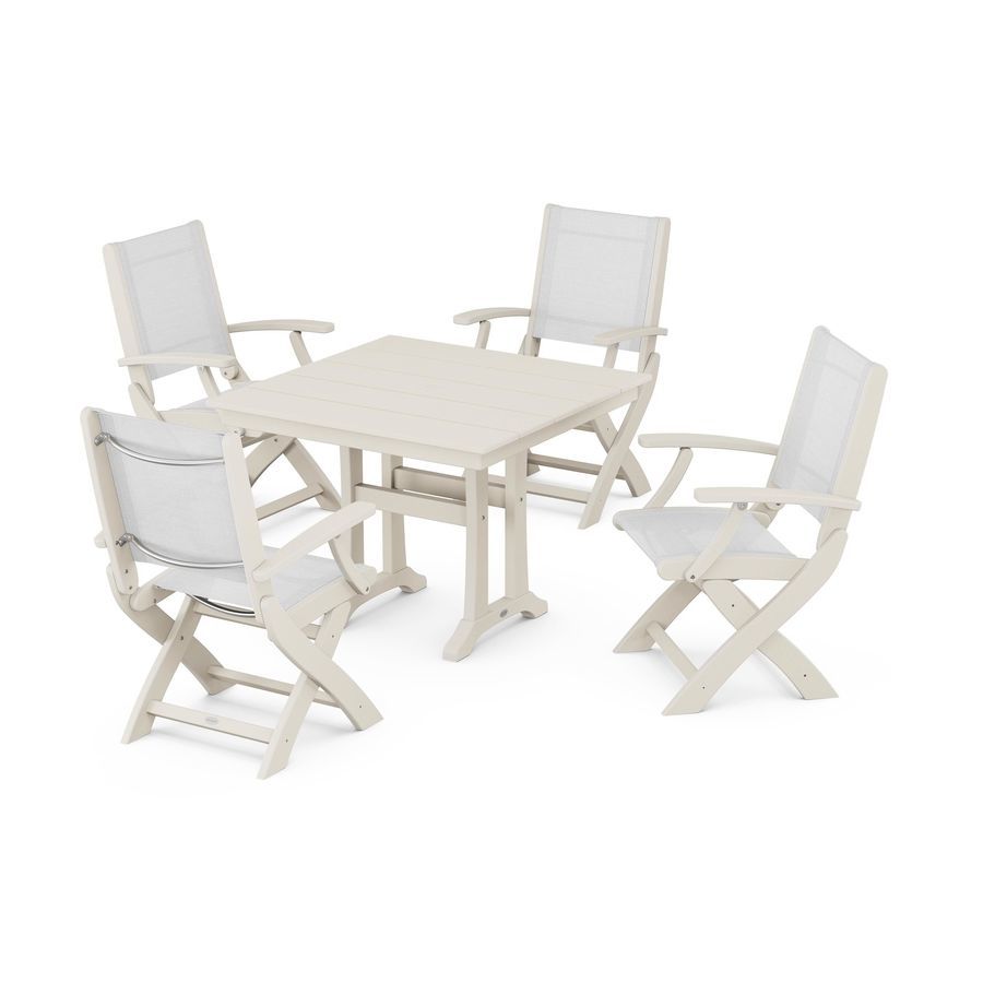 POLYWOOD Coastal Folding Chair 5-Piece Farmhouse Dining Set With Trestle Legs in Sand / White Sling