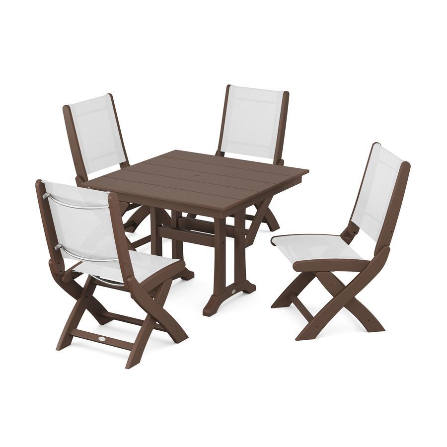POLYWOOD Coastal Side Chair 5-Piece Farmhouse Dining Set With Trestle Legs in Mahogany / White Sling