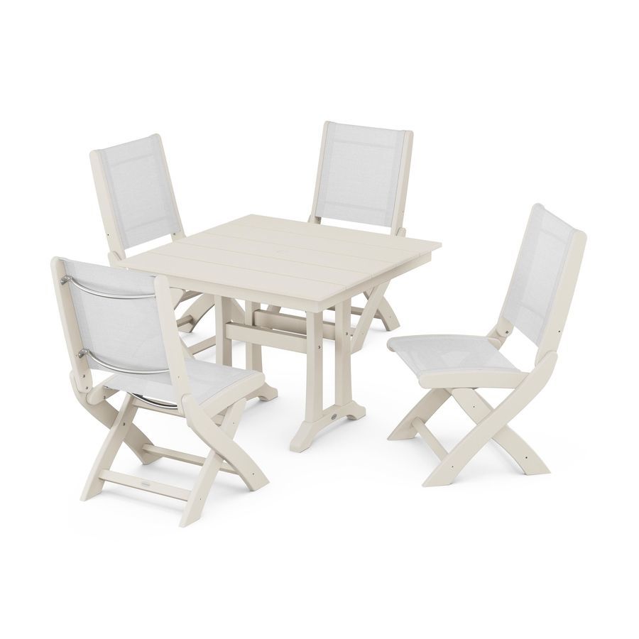 POLYWOOD Coastal Folding Side Chair 5-Piece Farmhouse Dining Set With Trestle Legs in Sand / White Sling