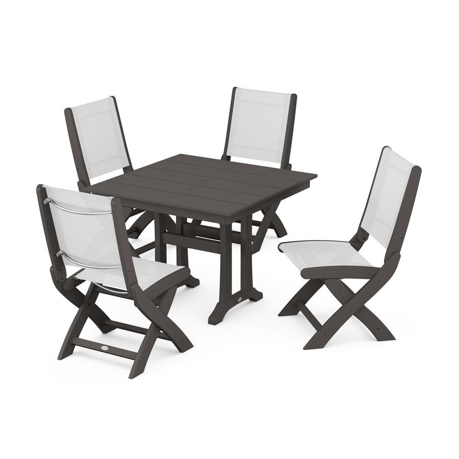 POLYWOOD Coastal Side Chair 5-Piece Farmhouse Dining Set With Trestle Legs in Vintage Coffee / White Sling