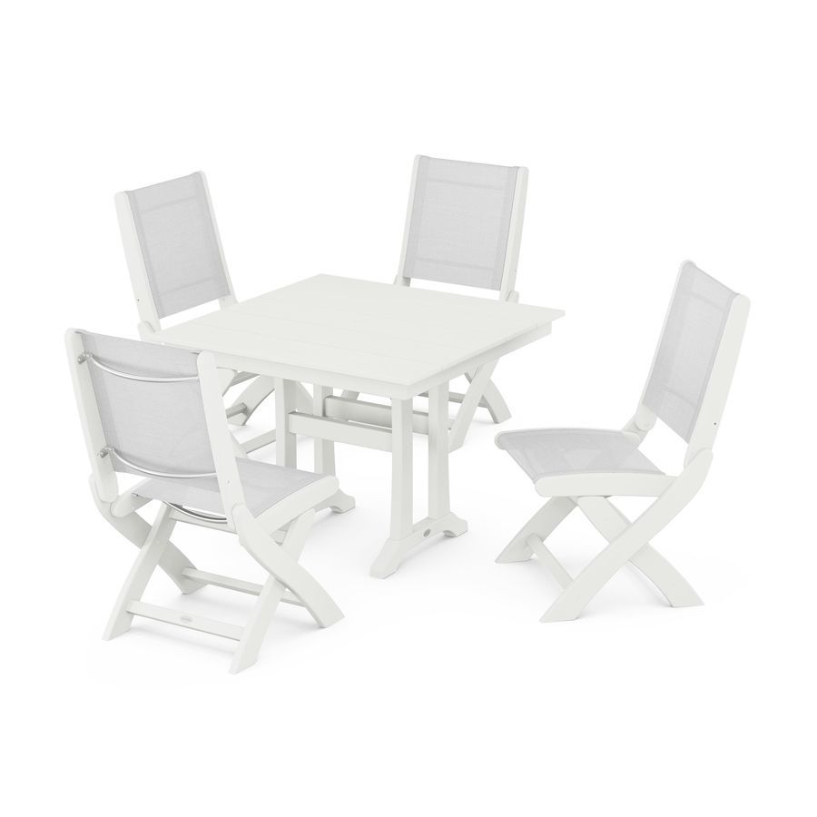 POLYWOOD Coastal Side Chair 5-Piece Farmhouse Dining Set With Trestle Legs in Vintage White / White Sling