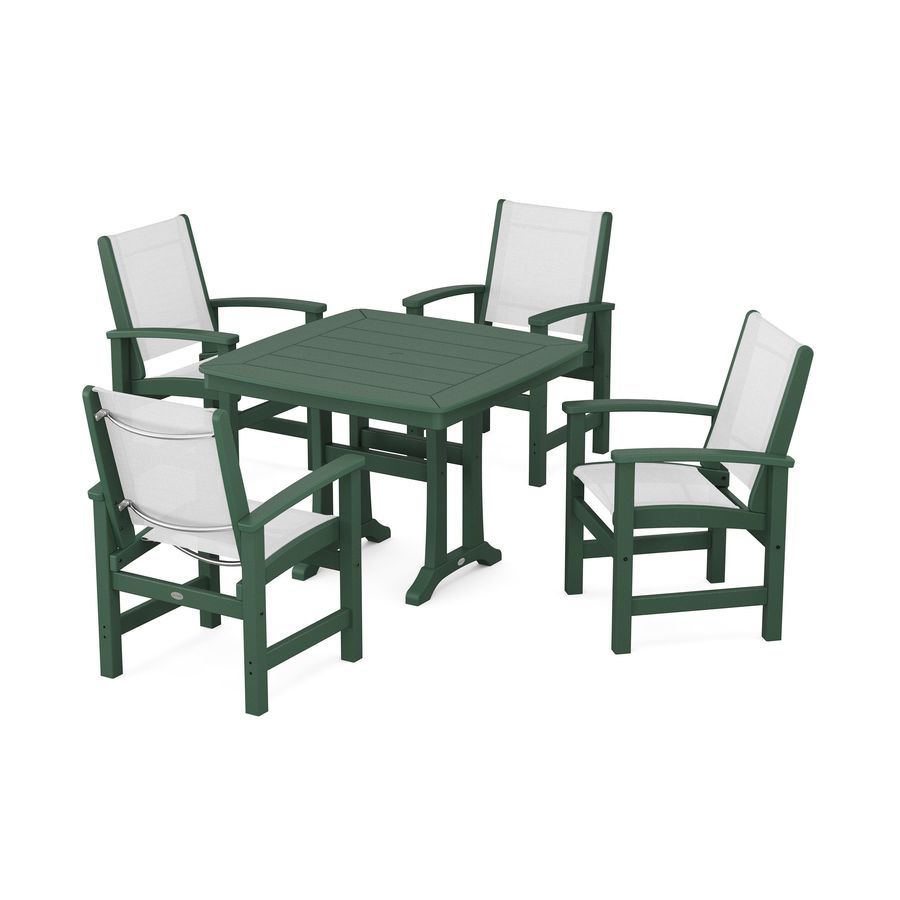 POLYWOOD Coastal 5-Piece Dining Set with Trestle Legs in Green / White Sling