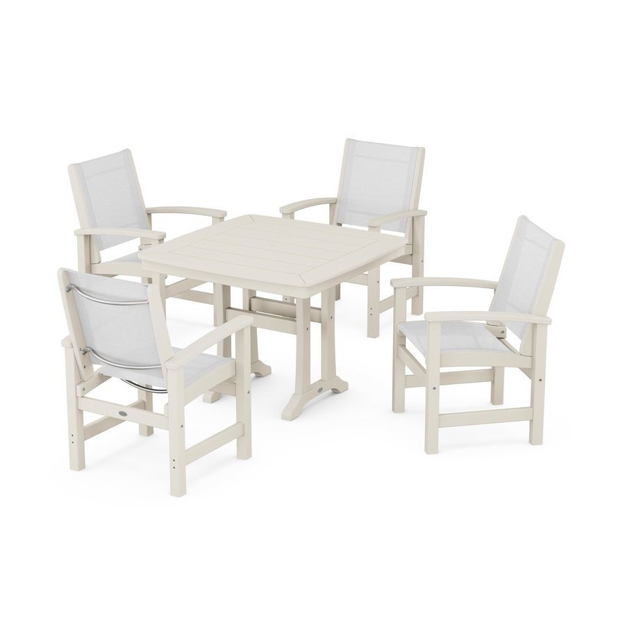 POLYWOOD Coastal 5-Piece Dining Set with Trestle Legs in Sand / White Sling