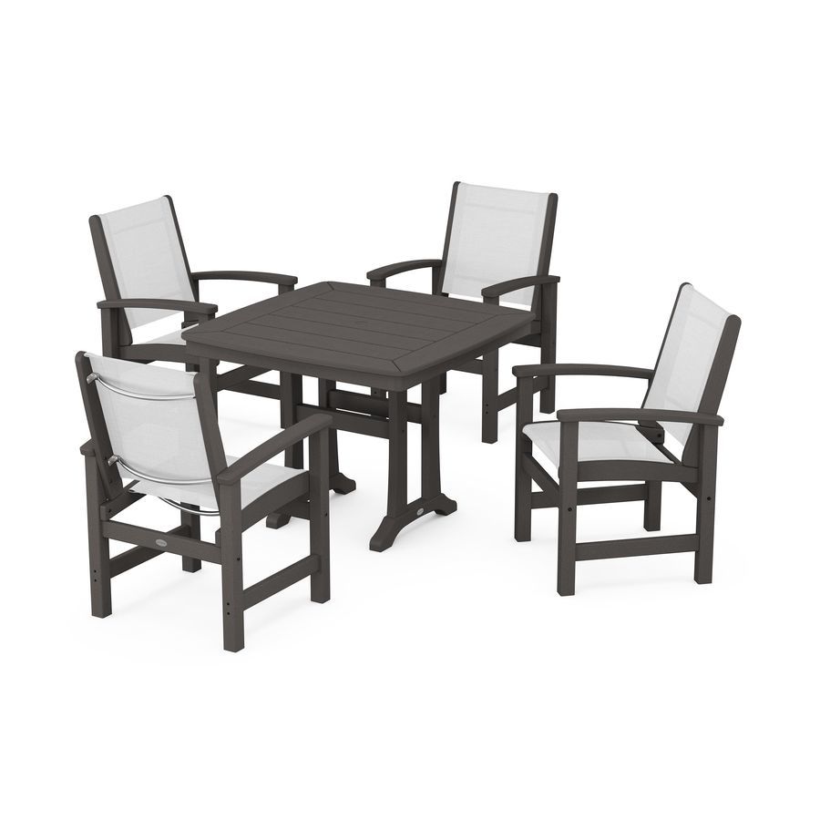 POLYWOOD Coastal 5-Piece Dining Set with Trestle Legs in Vintage Coffee / White Sling
