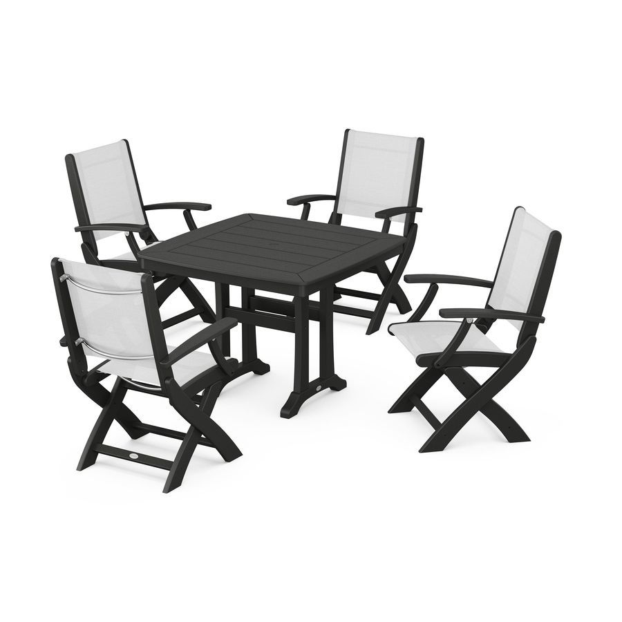 POLYWOOD Coastal 5-Piece Dining Set with Trestle Legs in Black / White Sling