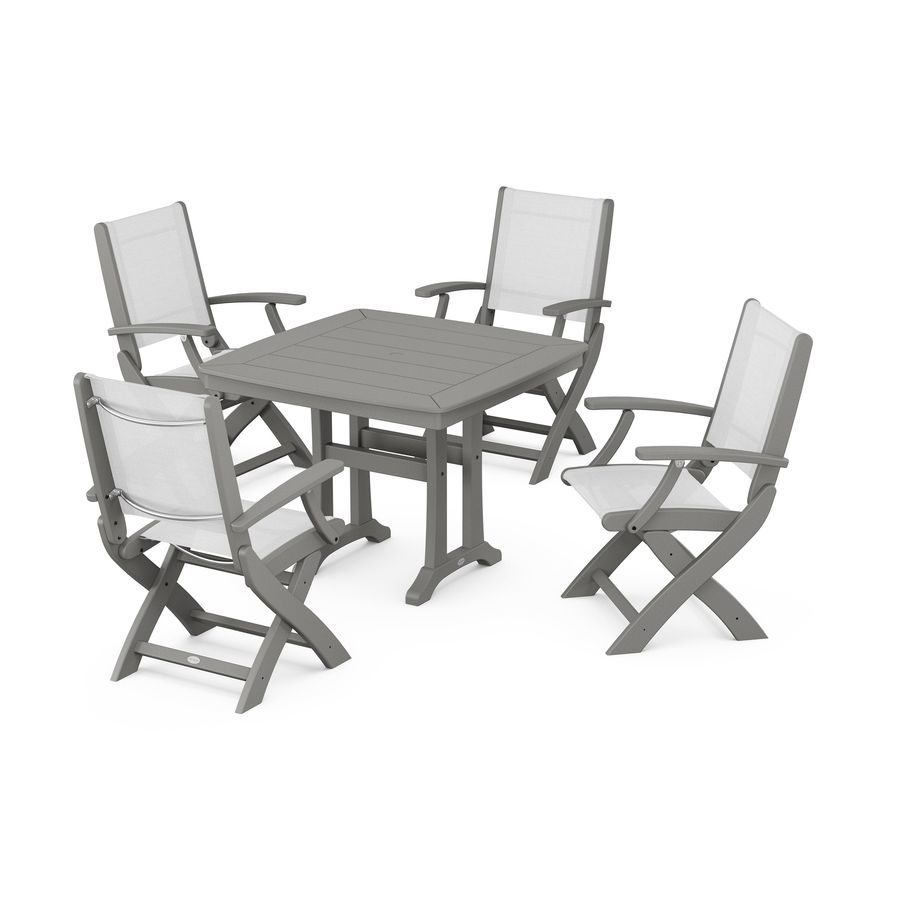 POLYWOOD Coastal 5-Piece Dining Set with Trestle Legs in Slate Grey / White Sling