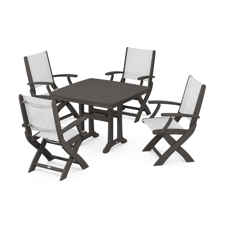 POLYWOOD Coastal 5-Piece Dining Set with Trestle Legs in Vintage Coffee / White Sling