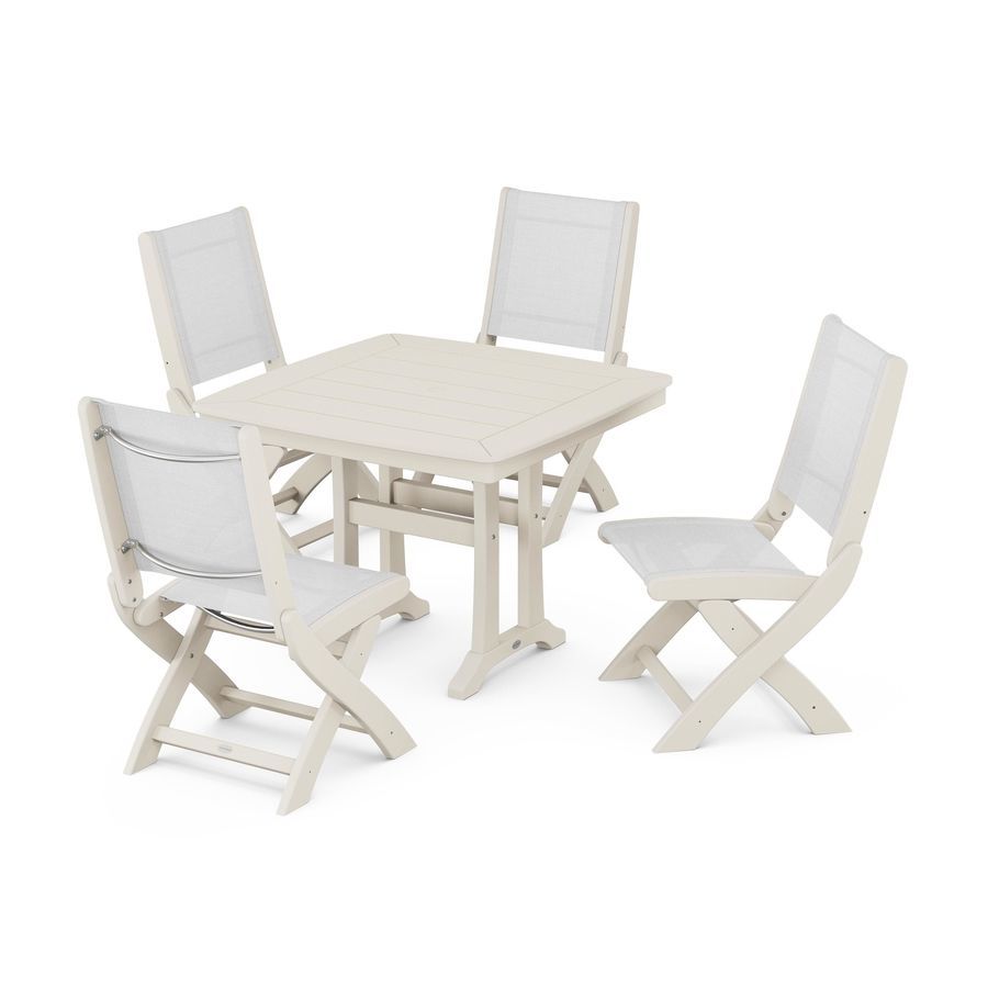 POLYWOOD Coastal Folding Side Chair 5-Piece Dining Set with Trestle Legs in Sand / White Sling