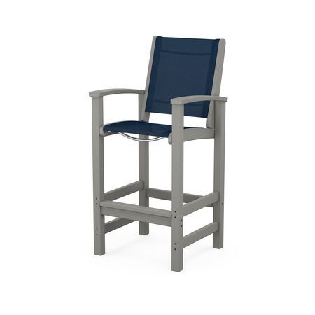 POLYWOOD Coastal Bar Chair in Slate Grey / Navy Blue Sling