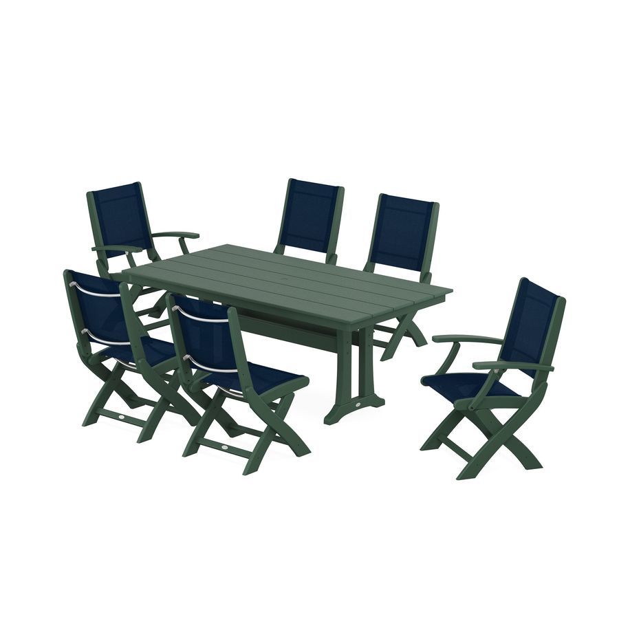 POLYWOOD Coastal 7-Piece Farmhouse Dining Set With Trestle Legs in Green / Navy Blue Sling