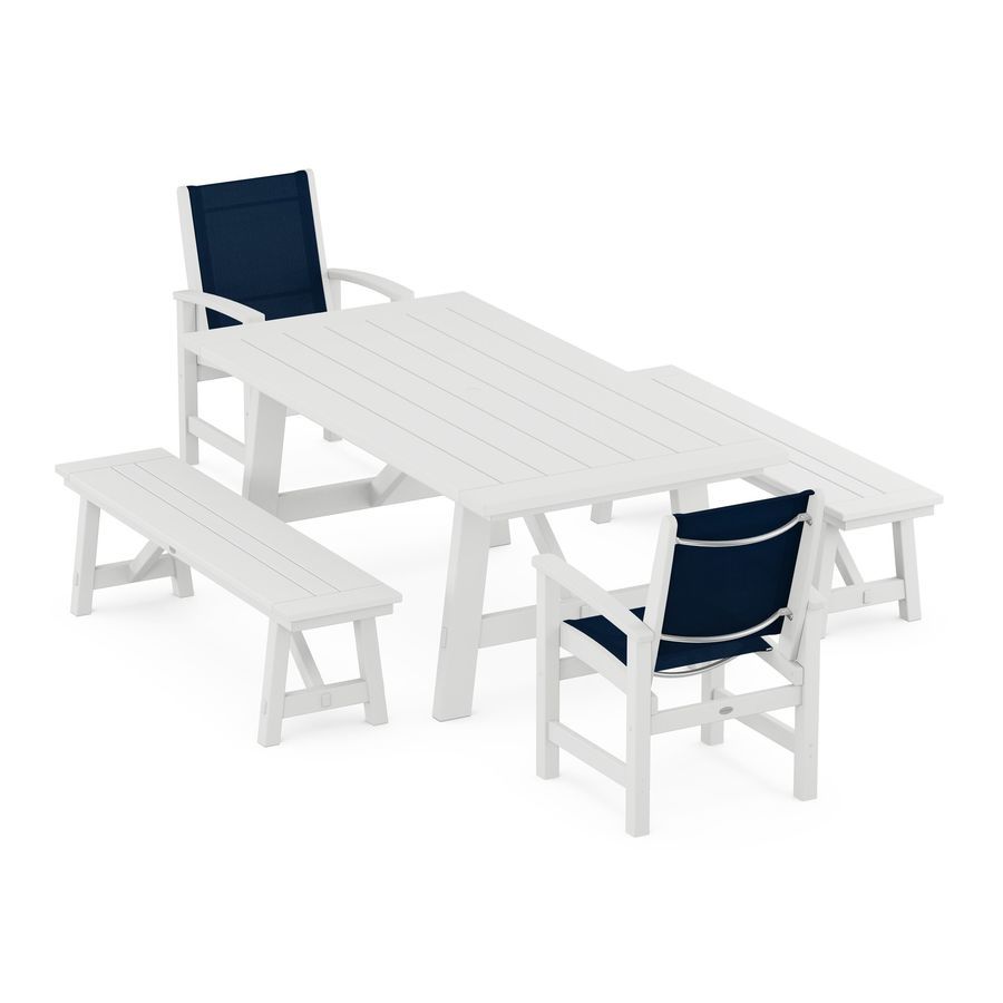 POLYWOOD Coastal 5-Piece Rustic Farmhouse Dining Set With Trestle Legs in White / Navy Blue Sling