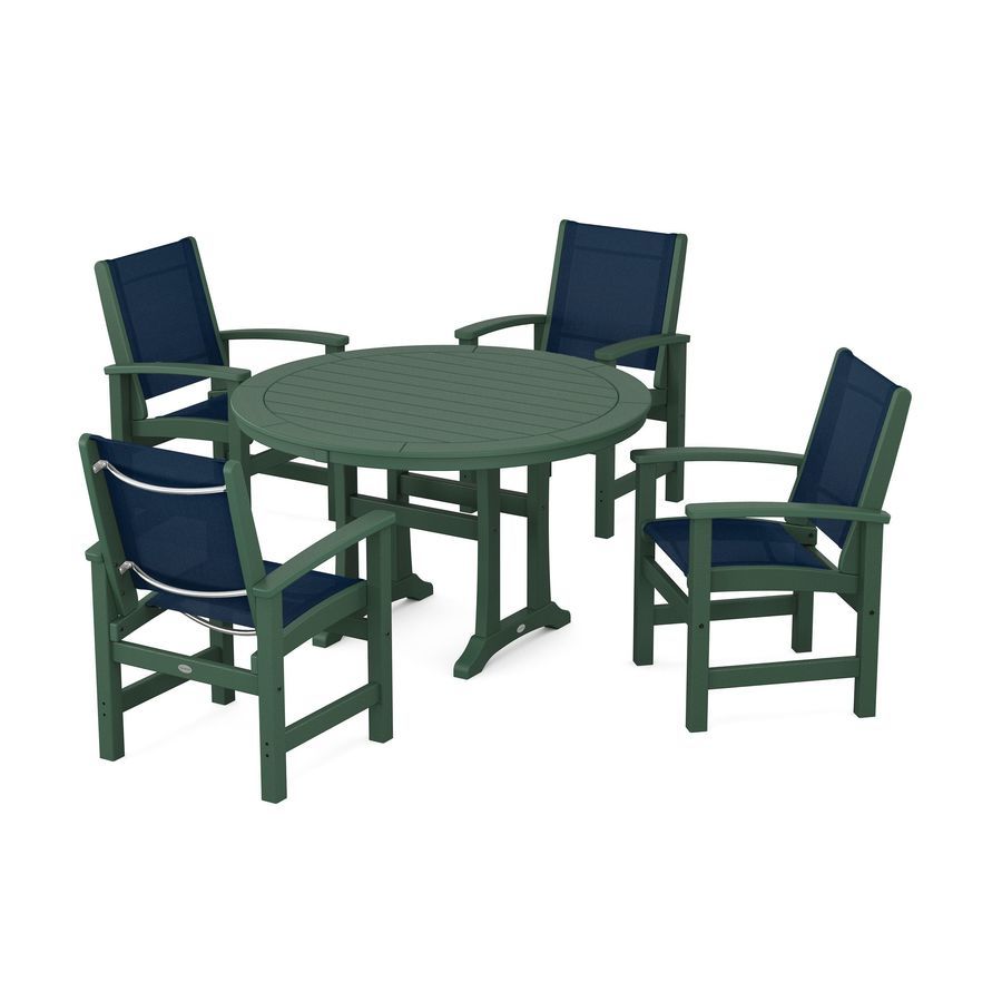 POLYWOOD Coastal 5-Piece Round Dining Set with Trestle Legs in Green / Navy Blue Sling