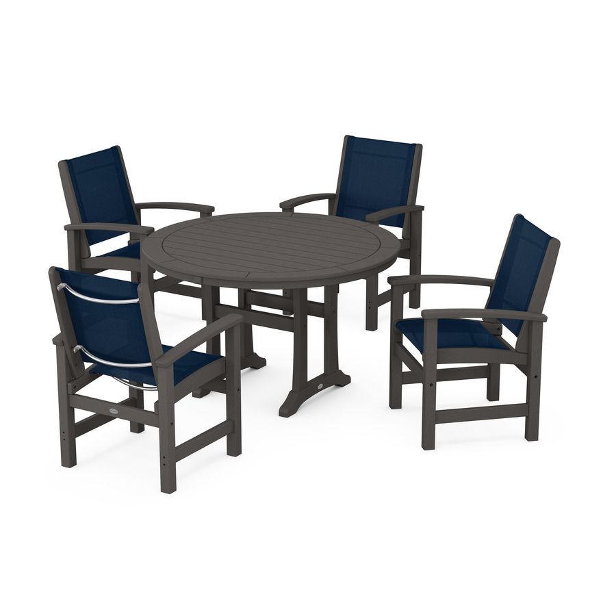 POLYWOOD Coastal 5-Piece Round Dining Set with Trestle Legs in Vintage Coffee / Navy Blue Sling