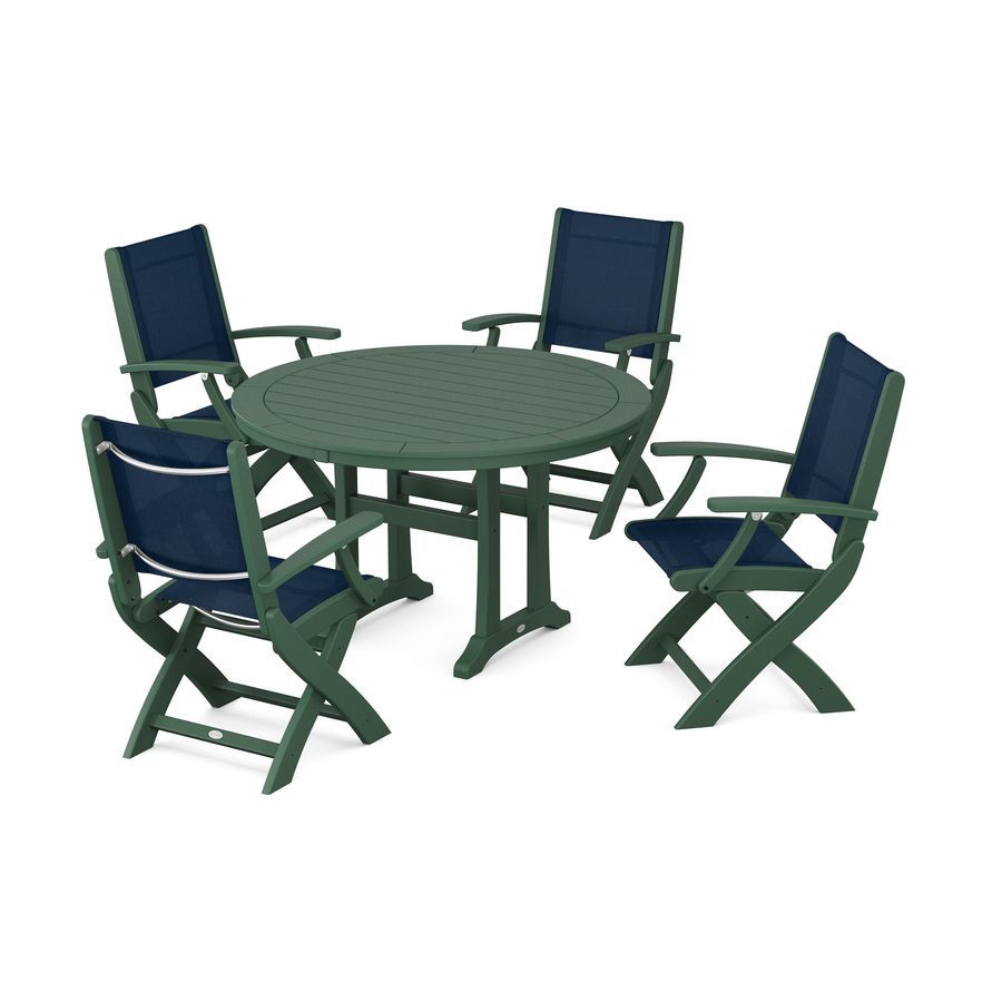 POLYWOOD Coastal Folding Chair 5-Piece Round Dining Set with Trestle Legs in Green / Navy Blue Sling