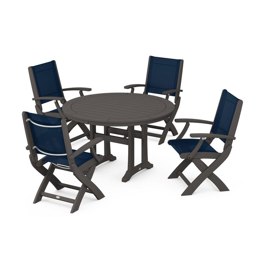 POLYWOOD Coastal Folding Chair 5-Piece Round Dining Set with Trestle Legs in Vintage Coffee / Navy Blue Sling