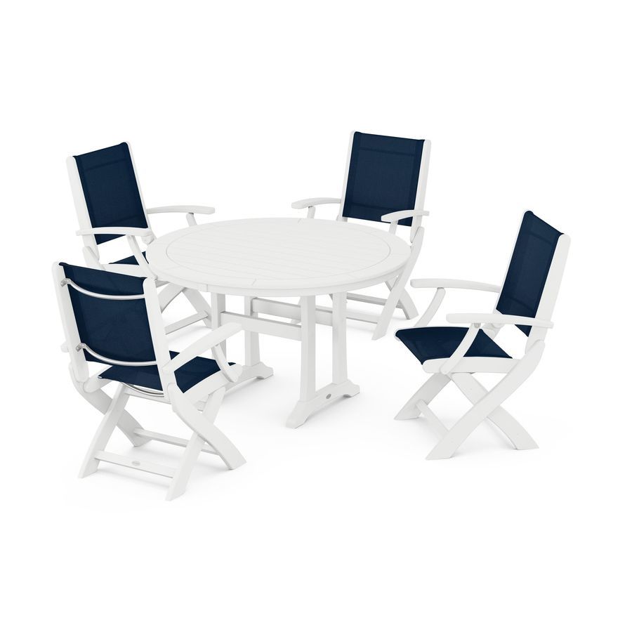 POLYWOOD Coastal Folding Chair 5-Piece Round Dining Set with Trestle Legs in White / Navy Blue Sling