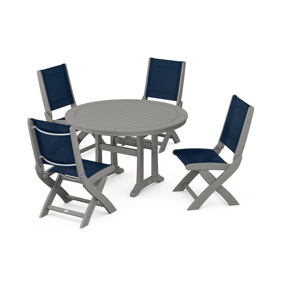 POLYWOOD Coastal Folding Side Chair 5-Piece Round Dining Set With Trestle Legs in Slate Grey / Navy Blue Sling