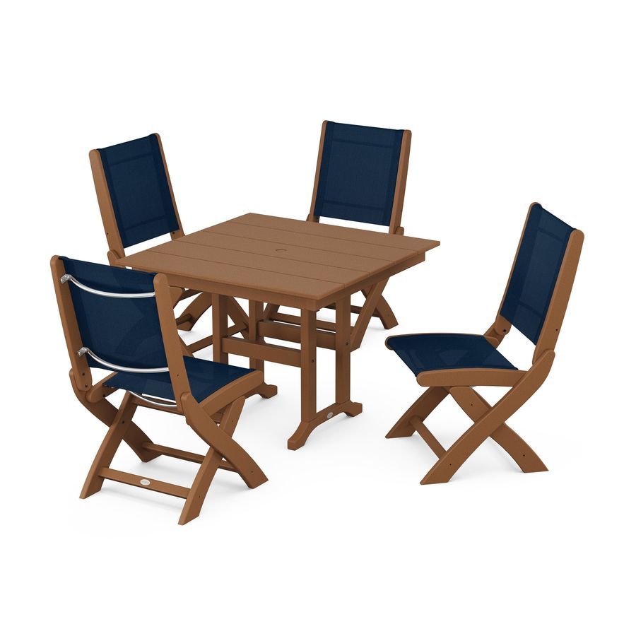 POLYWOOD Coastal Folding Side Chair 5-Piece Farmhouse Dining Set in Teak / Navy Blue Sling